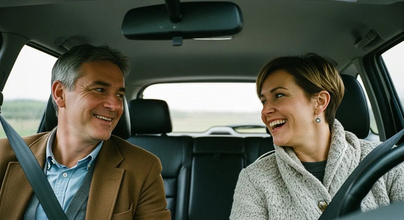A couple laughing together in a car