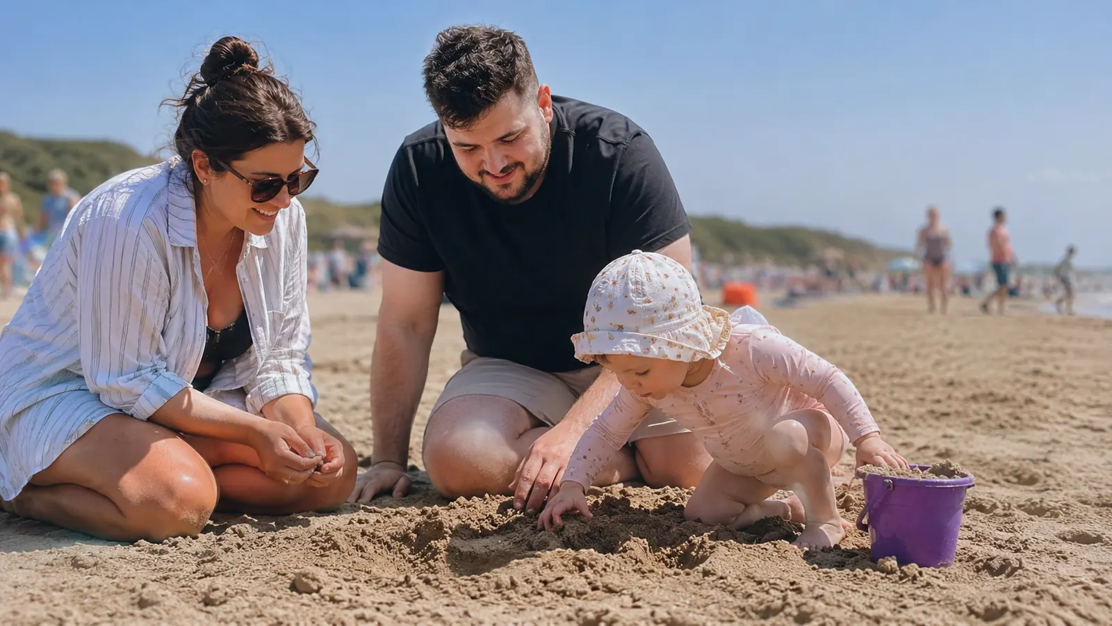 A young family playing on the beach