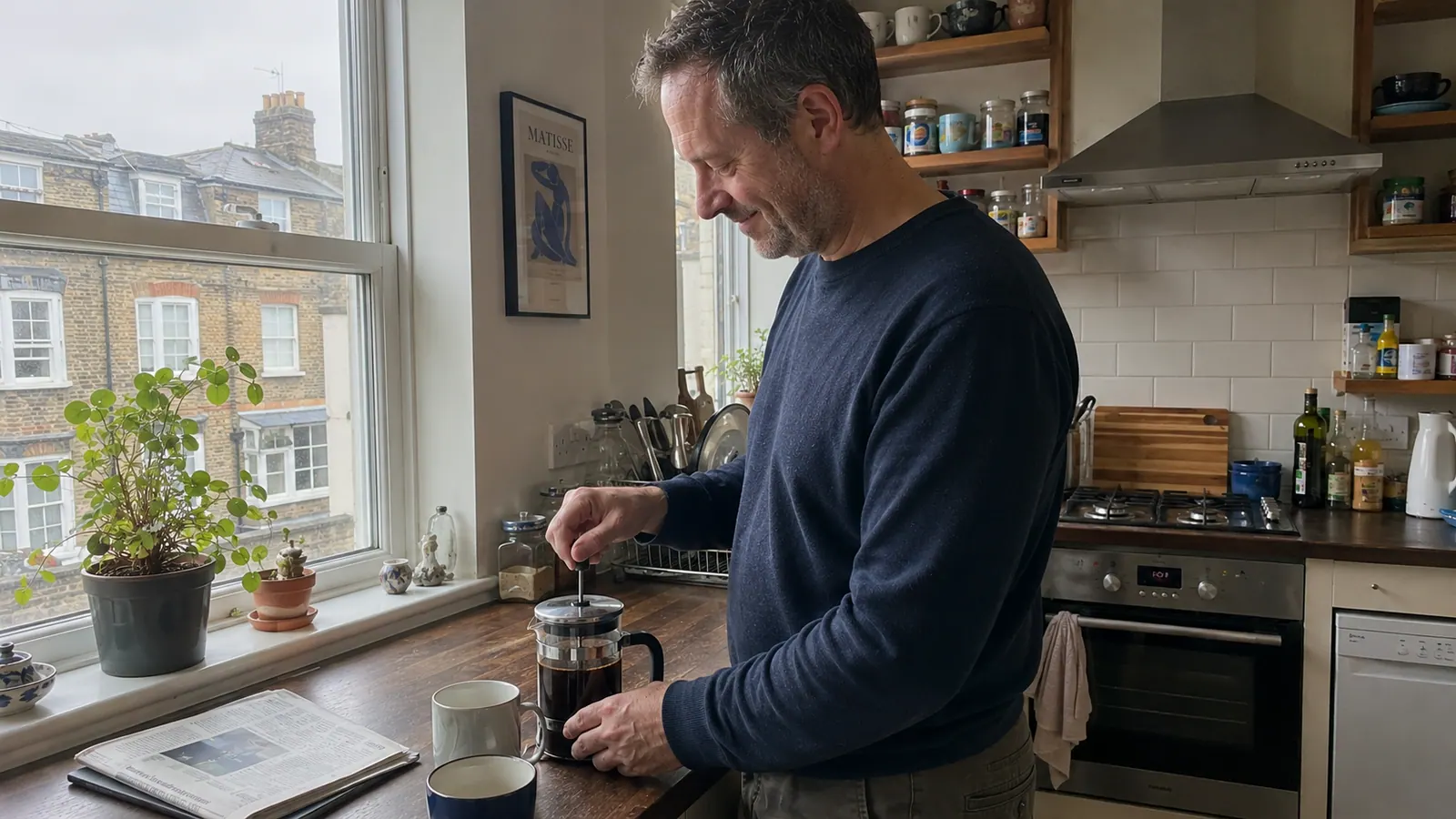 A man making coffee in his kitchen