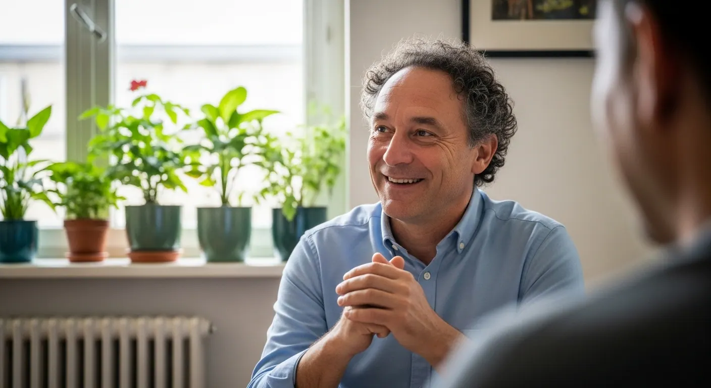 A man smiling during a conversation in an office