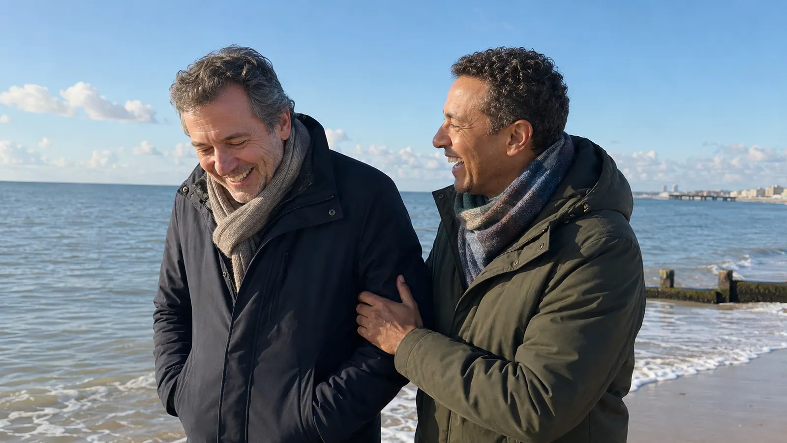 Two men talking on a walk by the sea